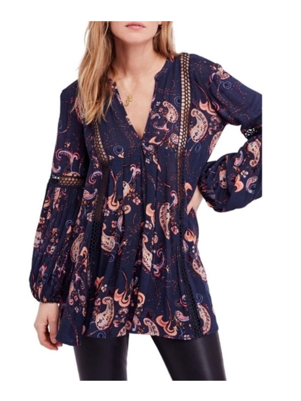 Free People NWT Women's Navy Paisley V-Neck Tunic Top SZ XS
